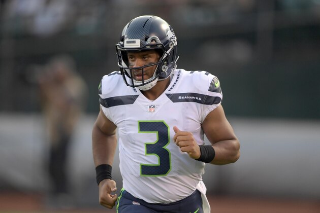 Aug 31, 2017; Oakland, CA, USA; Seattle Seahawks quarterback Russell Wilson (3) during a NFL football game against the Oakland Raiders at Oakland-Alameda County Coliseum. Mandatory Credit: Kirby Lee-USA TODAY Sports
