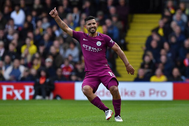 Manchester City's Argentinian striker Sergio Aguero signals a good pass to a teammate during the English Premier League football match between Watford and Manchester City at Vicarage Road Stadium in Watford, north of London on September 16, 2017. / AFP PHOTO / Ben STANSALL / RESTRICTED TO EDITORIAL USE. No use with unauthorized audio, video, data, fixture lists, club/league logos or 'live' services. Online in-match use limited to 75 images, no video emulation. No use in betting, games or single club/league/player publications.  /         (Photo credit should read BEN STANSALL/AFP/Getty Images)