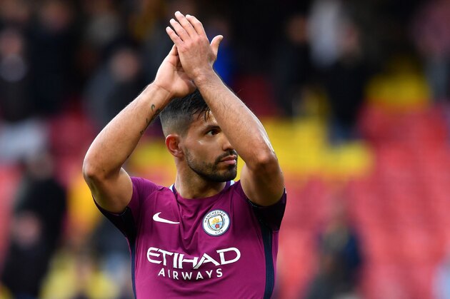 Manchester City's Argentinian striker Sergio Aguero applauds after the English Premier League football match between Watford and Manchester City at Vicarage Road Stadium in Watford, north of London on September 16, 2017. / AFP PHOTO / Ben STANSALL / RESTRICTED TO EDITORIAL USE. No use with unauthorized audio, video, data, fixture lists, club/league logos or 'live' services. Online in-match use limited to 75 images, no video emulation. No use in betting, games or single club/league/player publications.  /         (Photo credit should read BEN STANSALL/AFP/Getty Images)