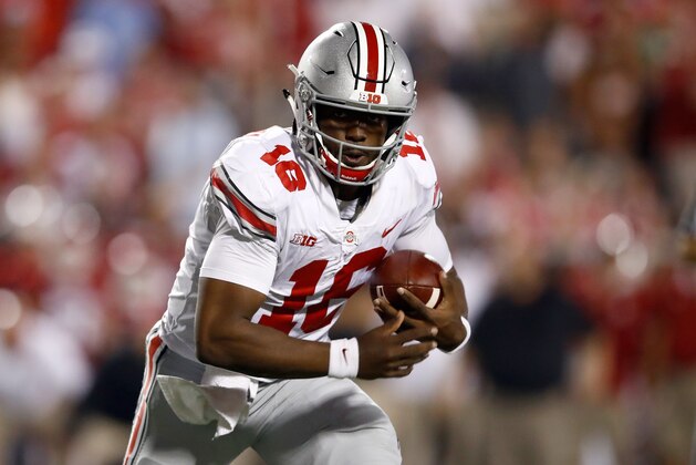 BLOOMINGTON, IN - AUGUST 31:  J.T. Barrett #16 of the Ohio State Buckeyes runs for a two point conversion during the game against the Indiana Hoosiers at Memorial Stadium on August 31, 2017 in Bloomington, Indiana.  (Photo by Andy Lyons/Getty Images)