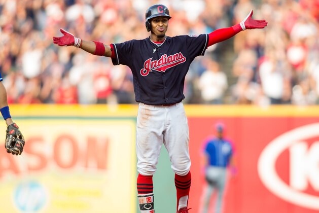 Sep 16, 2017; Cleveland, OH, USA; Cleveland Indians shortstop Francisco Lindor (12) celebrates after hitting a two-run RBI double against the Kansas City Royals during the sixth inning at Progressive Field. Mandatory Credit: Scott R. Galvin-USA TODAY Sports