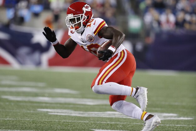 Kansas City Chiefs wide receiver Tyreek Hill runs against the New England Patriots during an NFL football game at Gillette Stadium in Foxborough, Mass. Thursday, Sept. 7, 2017. (Winslow Townson/AP Images for Panini)