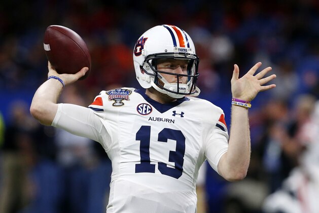 Auburn quarterback Sean White (13) warms up before the Sugar Bowl NCAA college football game against Oklahoma in New Orleans, Monday, Jan. 2, 2017. (AP Photo/Butch Dill)