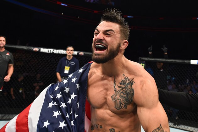 PITTSBURGH, PA - SEPTEMBER 16:  Mike Perry celebrates after defeating Alex Reyes in their welterweight bout during the UFC Fight Night event inside the PPG Paints Arena on September 16, 2017 in Pittsburgh, Pennsylvania. (Photo by Josh Hedges/Zuffa LLC/Zuffa LLC via Getty Images)