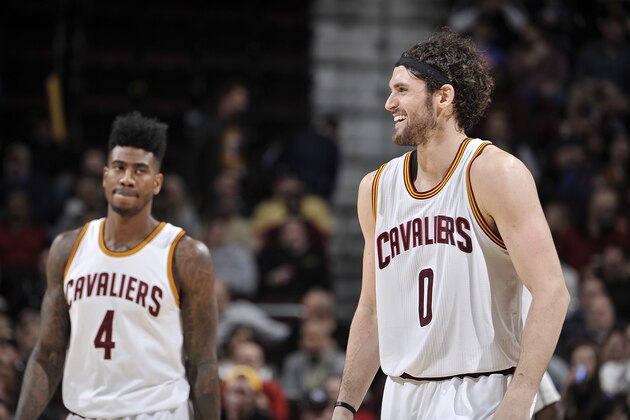 CLEVELAND, OH - JANUARY 21:  Kevin Love #0 of the Cleveland Cavaliers and Iman Shumpert #4 of the Cleveland Cavaliers celebrate during the game against the Los Angeles Clippers on January 21, 2016 at Quicken Loans Arena in Cleveland, Ohio. NOTE TO USER: User expressly acknowledges and agrees that, by downloading and/or using this Photograph, user is consenting to the terms and conditions of the Getty Images License Agreement. Mandatory Copyright Notice: Copyright 2016 NBAE  (Photo by David Liam Kyle/NBAE via Getty Images)