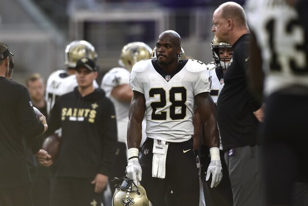 MINNEAPOLIS, MN - SEPTEMBER 11: Adrian Peterson #28 of the New Orleans Saints on the sidelines before the game against the Minnesota Vikings on September 11, 2017 at U.S. Bank Stadium in Minneapolis, Minnesota. (Photo by Hannah Foslien/Getty Images)