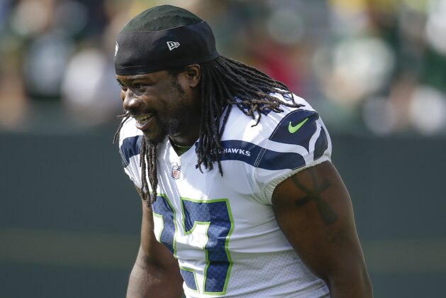 Seattle Seahawks' Eddie Lacy before an NFL football game against the Green Bay Packers Sunday, Sept. 10, 2017, in Green Bay, Wis. (AP Photo/Jeffrey Phelps)