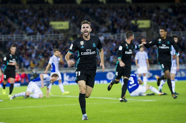 SAN SEBASTIAN, SPAIN - SEPTEMBER 17:  Borja Mayoral of Real Madrid celebrates after scoring a goal during the La Liga match between Real Sociedad de Futbol and Real Madrid at Estadio Anoeta on September 17, 2017 in San Sebastian, Spain.  (Photo by Juan Manuel Serrano Arce/Getty Images)