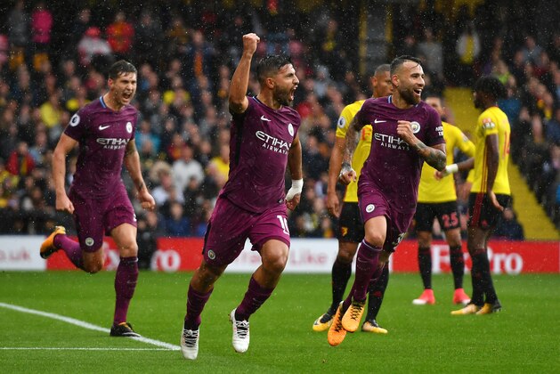 WATFORD, ENGLAND - SEPTEMBER 16:  Sergio Aguero of Manchester City celebrates scoring his sides first goal during the Premier League match between Watford and Manchester City at Vicarage Road on September 16, 2017 in Watford, England.  (Photo by Dan Mullan/Getty Images)