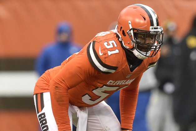 FILE - In this Nov. 20, 2016, file photo, Cleveland Browns outside linebacker Jamie Collins (51) lines up during an NFL football game against the Pittsburgh Steelers in Cleveland. The Browns let several of their top free agents slip away last year. They've got their arms wrapped around a new one now. Cleveland is close to finalizing a multi-year contract with talented linebacker Jamie Collins, who joined the team midway through its 1-15 season but showed the Browns that he's a player worth keeping for a long time. (AP Photo/David Richard, File)