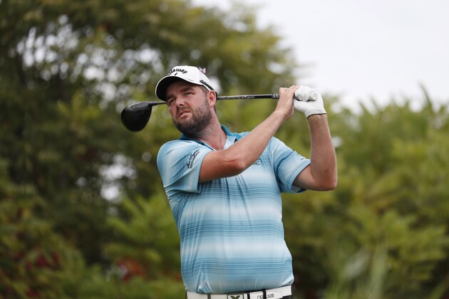 Sep 17, 2017; Lake Forest, IL, USA; Marc Leishman tees off on the eighth hole during the final round of the BMW Championship golf tournament at Conway Farms Golf Club. Mandatory Credit: Brian Spurlock-USA TODAY Sports