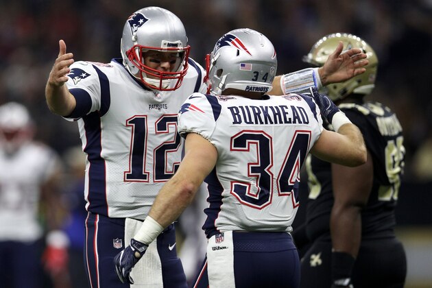 NEW ORLEANS, LA - SEPTEMBER 17:  Tom Brady #12 and  Rex Burkhead #34 of the New England Patriots react after a touchdown against the New Orleans Saints at the Mercedes-Benz Superdome on September 17, 2017 in New Orleans, Louisiana.  (Photo by Chris Graythen/Getty Images)