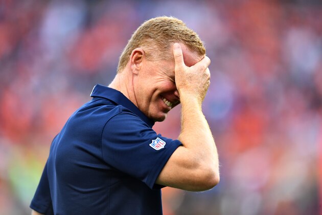 Sep 17, 2017; Denver, CO, USA; Dallas Cowboys head coach Jason Garrett reacts in the fourth quarter against the Denver Broncos at Sports Authority Field at Mile High. Mandatory Credit: Ron Chenoy-USA TODAY Sports