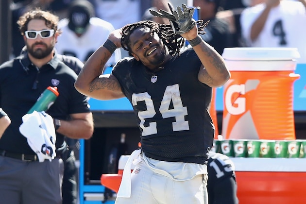 OAKLAND, CA - SEPTEMBER 17:  Marshawn Lynch #24 of the Oakland Raiders dances on the sideline during their win over the New York Jets at Oakland-Alameda County Coliseum on September 17, 2017 in Oakland, California.  (Photo by Ezra Shaw/Getty Images)