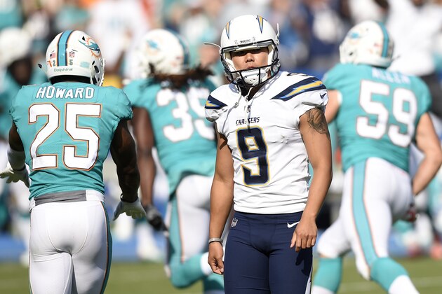 CARSON, CA - SEPTEMBER 17: Younghoe Koo #9 of the Los Angeles Chargers reacts after missing the game winning field goal against Miami Dolphins at the StubHub Center September 17, 2017, in Carson, California. (Photo by Kevork Djansezian/Getty Images)