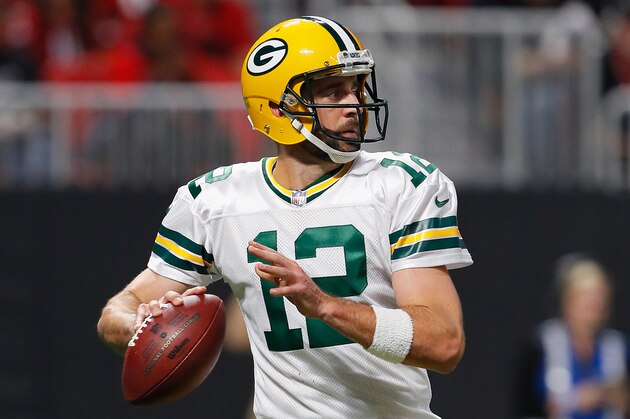 ATLANTA, GA - SEPTEMBER 17:  Aaron Rodgers #12 of the Green Bay Packers looks to pass during the first half against the Atlanta Falcons at Mercedes-Benz Stadium on September 17, 2017 in Atlanta, Georgia.  (Photo by Kevin C. Cox/Getty Images)