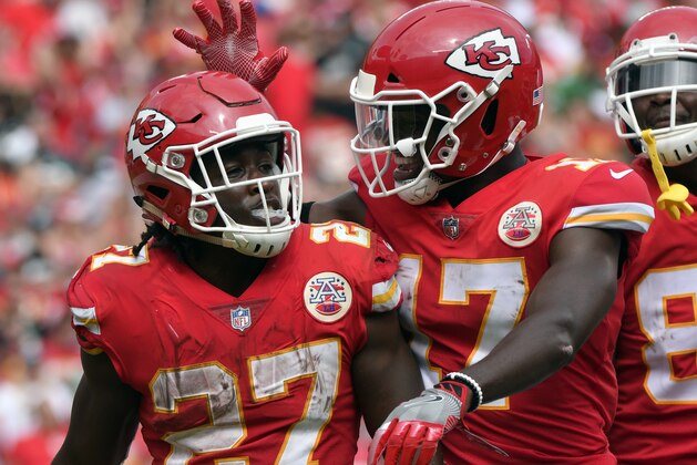Kansas City Chiefs running back Kareem Hunt (27) is congratulated by wide receiver Chris Conley (17) after scoring a touchdown against the Philadelphia Eagles during the second half of an NFL football game in Kansas City, Mo., Sunday, Sept. 17, 2017. (AP Photo/Ed Zurga)