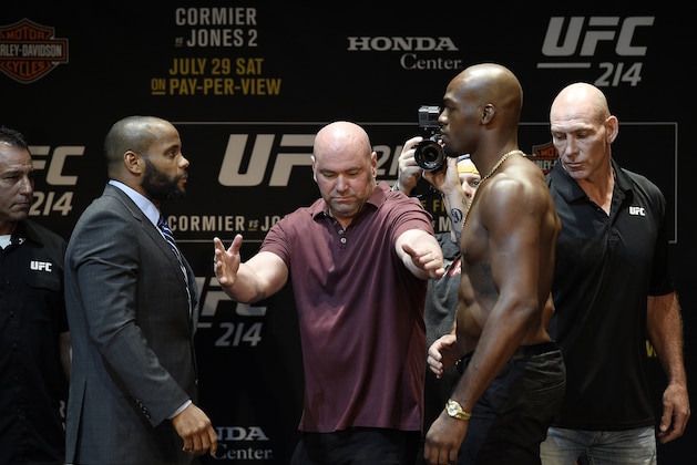 LOS ANGELES, CA - JULY 26: Dana White (C), UFC President, separates the two fighters Daniel Cormier (L) and Jon Jones during the UFC 214 Press Conference at The Novo by Microsoft July 26, 2017 in Los Angeles, California. (Photo by Kevork Djansezian/Zuffa LLC via Getty Images)