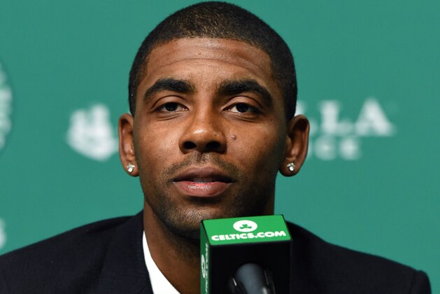 BOSTON, MA - SEPTEMBER 1: Kyrie Irving talks with the media as he gets introduced as Boston Celtics on September 1, 2017 at the TD Garden in Boston, Massachusetts.  NOTE TO USER: User expressly acknowledges and agrees that, by downloading and or using this photograph, User is consenting to the terms and conditions of the Getty Images License Agreement. Mandatory Copyright Notice: Copyright 2017 NBAE  (Photo by Brian Babineau/NBAE via Getty Images)