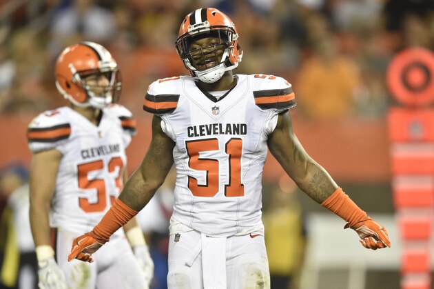 Cleveland Browns outside linebacker Jamie Collins (51) reacts during an NFL preseason football game against the New York Giants, Monday, Aug. 21, 2017, in Cleveland. The Browns won 10-6. (AP Photo/David Richard)