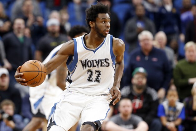 Minnesota Timberwolves' Andrew Wiggins plays during the second half of an NBA basketball game against the Washington Wizards Monday, March 13, 2017, in Minneapolis. (AP Photo/Jim Mone)