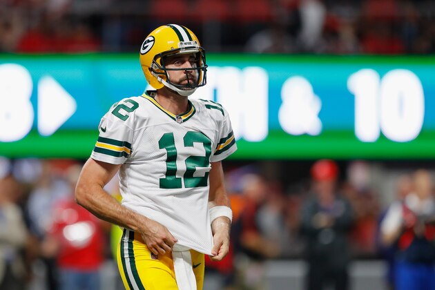 ATLANTA, GA - SEPTEMBER 17:  Aaron Rodgers #12 of the Green Bay Packers reacts during the first half against the Atlanta Falcons at Mercedes-Benz Stadium on September 17, 2017 in Atlanta, Georgia.  (Photo by Kevin C. Cox/Getty Images)