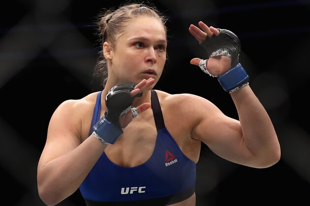 LAS VEGAS, NV - DECEMBER 30:   Ronda Rousey faces off against Amanda Nunes of Brazil (not pictured) in their UFC women's bantamweight championship bout during the UFC 207 event at T-Mobile Arena on December 30, 2016 in Las Vegas, Nevada.  (Photo by Christian Petersen/Getty Images)