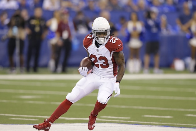 Arizona Cardinals' Chris Johnson (23) runs during the first half of an NFL football game against the Indianapolis Colts, Sunday, Sept. 17, 2017, in Indianapolis. (AP Photo/Michael Conroy)