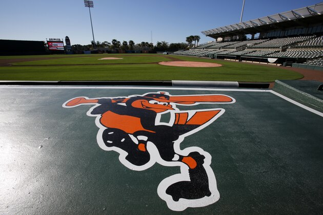 This is the Baltimore Orioles logo on the roof of the visiting team dugout at Ed Smith Stadium, the spring training home of the Baltimore Orioles before a baseball spring training workout  in Sarasota, Fla., Friday, Feb. 20, 2015.  (AP Photo/Gene J. Puskar)