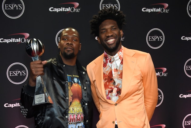 LOS ANGELES, CA - JULY 12:  NBA player Kevin Durant (L), winner of the Best Championship Performance award, and NBA player Joel Embiid attend The 2017 ESPYS at Microsoft Theater on July 12, 2017 in Los Angeles, California.  (Photo by Kevin Mazur/Getty Images)