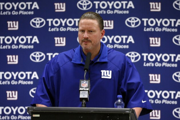 New York Giants head coach Ben McAdoo talks to the media following an NFL football game against the Dallas Cowboys on Sunday, Sept. 10, 2017, in Arlington, Texas. (AP Photo/Michael Ainsworth)
