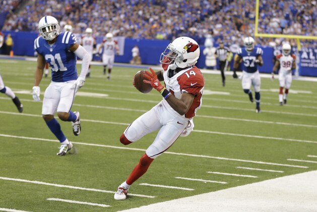 Arizona Cardinals' J.J. Nelson (14) runs during the second half of an NFL football game against the Indianapolis Colts, Sunday, Sept. 17, 2017, in Indianapolis. (AP Photo/Michael Conroy)