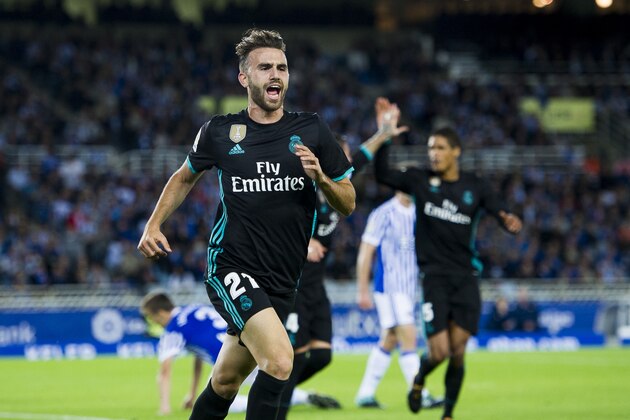 SAN SEBASTIAN, SPAIN - SEPTEMBER 17:  Borja Mayoral of Real Madrid celebrates after scoring a goal during the La Liga match between Real Sociedad de Futbol and Real Madrid at Estadio Anoeta on September 17, 2017 in San Sebastian, Spain.  (Photo by Juan Manuel Serrano Arce/Getty Images)