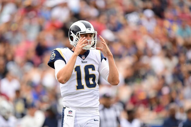 LOS ANGELES, CA - SEPTEMBER 17: Jared Goff #16 of the Los Angeles Rams reacts during the game against the Washington Redskins at Los Angeles Memorial Coliseum on September 17, 2017 in Los Angeles, California. (Photo by Harry How/Getty Images)