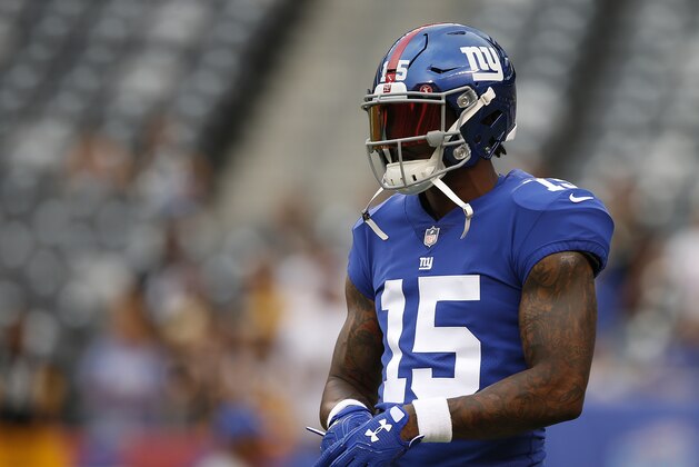 EAST RUTHERFORD, NJ - AUGUST 11: Brandon Marshall #15 of the New York Giants during warm ups before an NFL preseason game against the Pittsburgh Steelers at MetLife Stadium on August 11, 2017 in East Rutherford, New Jersey. (Photo by Rich Schultz/Getty Images)