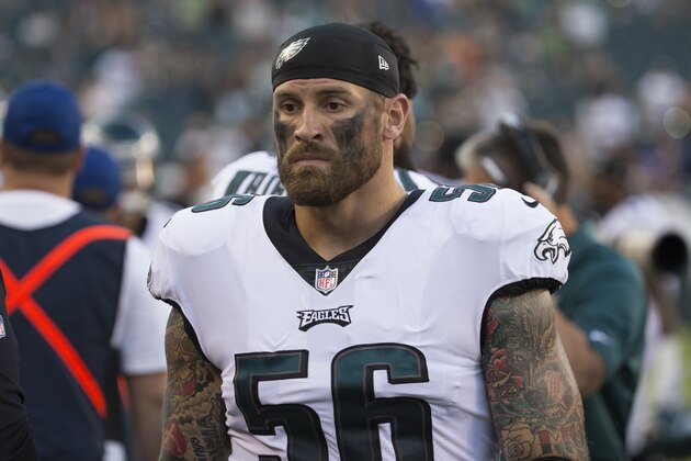 PHILADELPHIA, PA - AUGUST 24: Chris Long #56 of the Philadelphia Eagles looks on prior to the preseason game against the Philadelphia Eagles at Lincoln Financial Field on August 24, 2017 in Philadelphia, Pennsylvania. The Eagles defeated the Dolphins 38-31. (Photo by Mitchell Leff/Getty Images)