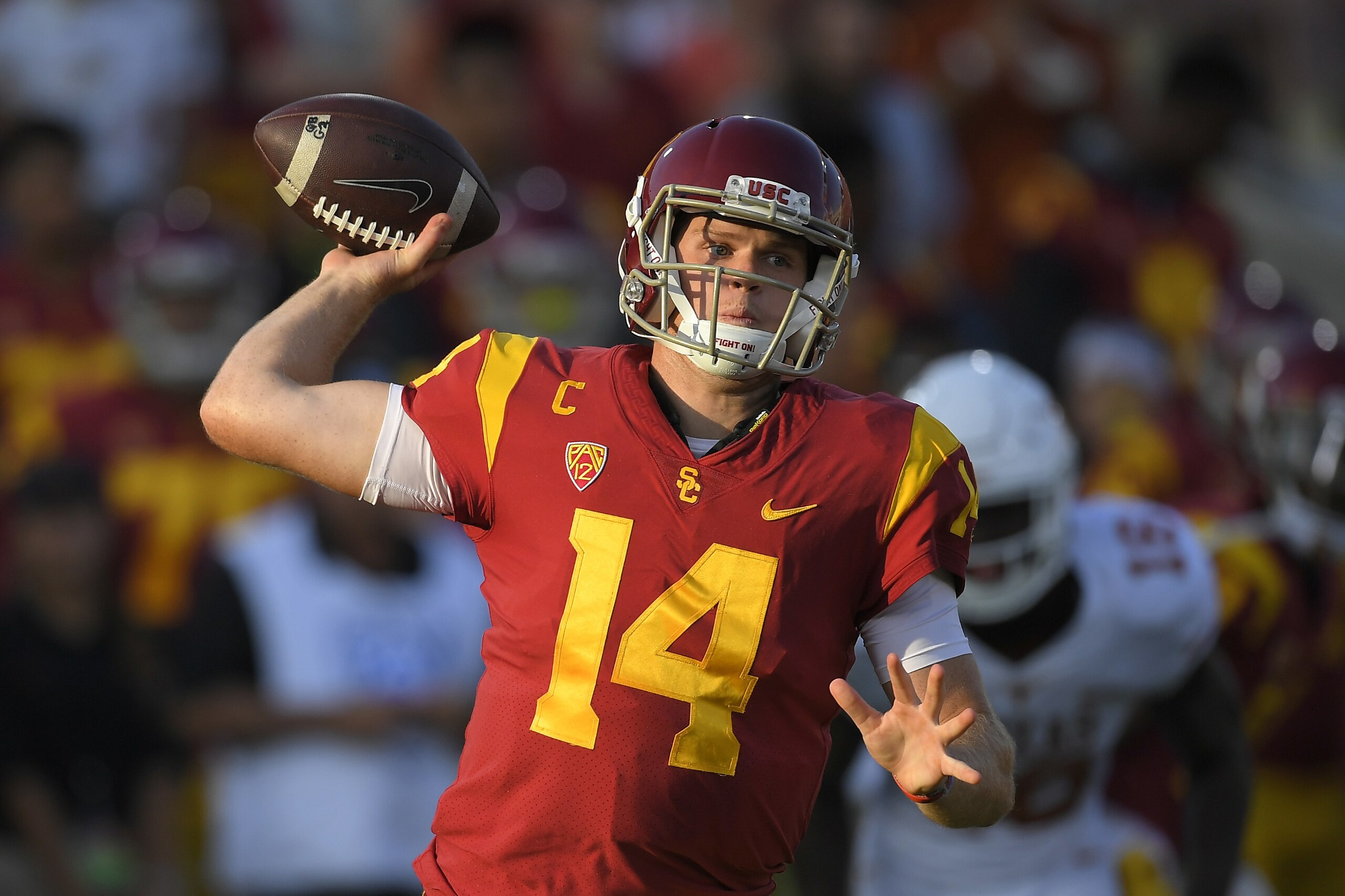 Southern California quarterback Sam Darnold throws during the first half of an NCAA college football game against Texas, Saturday, Sept. 16, 2017, in Los Angeles. (AP Photo/Mark J. Terrill)