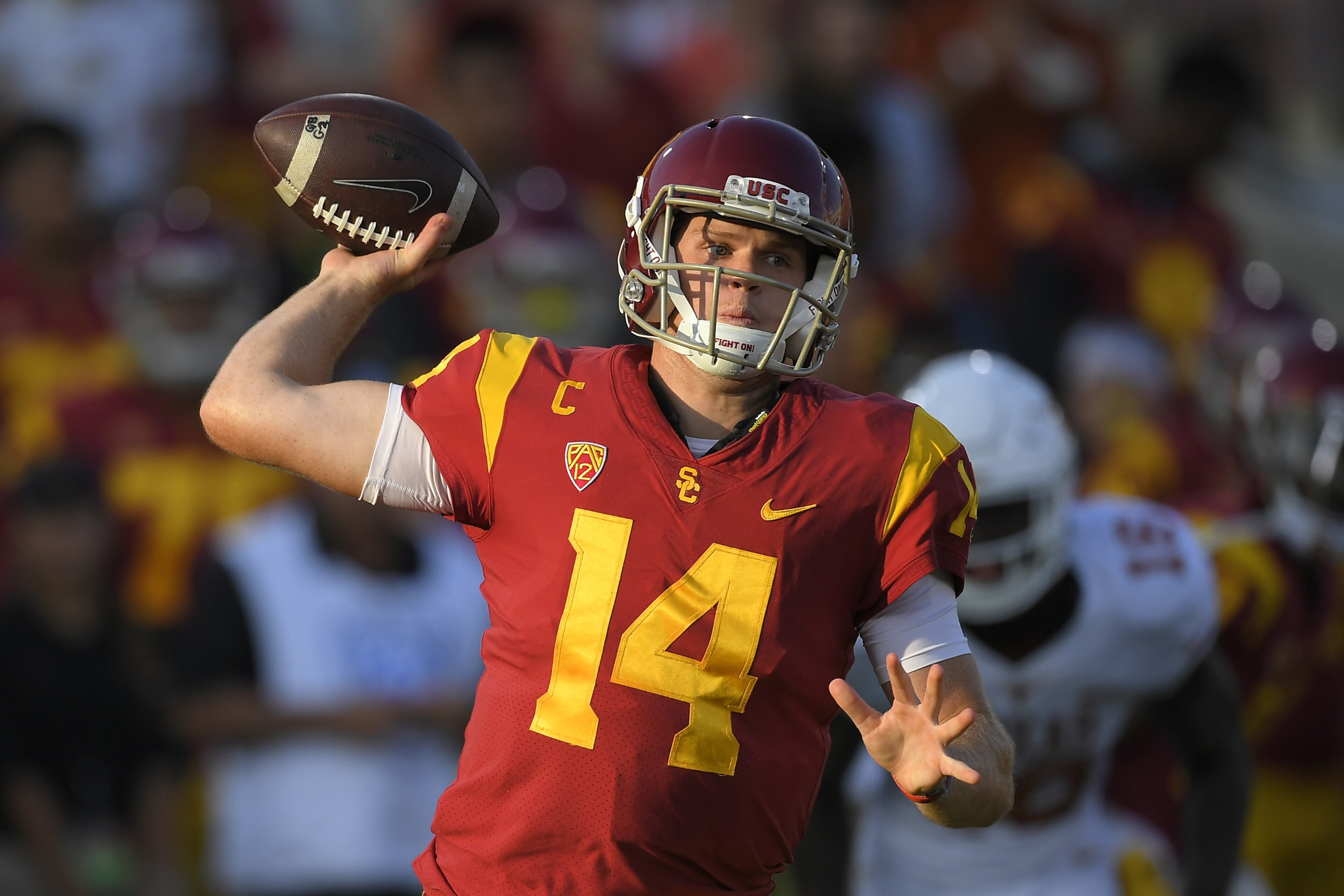 Southern California quarterback Sam Darnold throws during the first half of an NCAA college football game against Texas, Saturday, Sept. 16, 2017, in Los Angeles. (AP Photo/Mark J. Terrill) Southern California quarterback Sam Darnold throws during the first half of an NCAA college football game against Texas, Saturday, Sept. 16, 2017, in Los Angeles. (AP Photo/Mark J. Terrill)