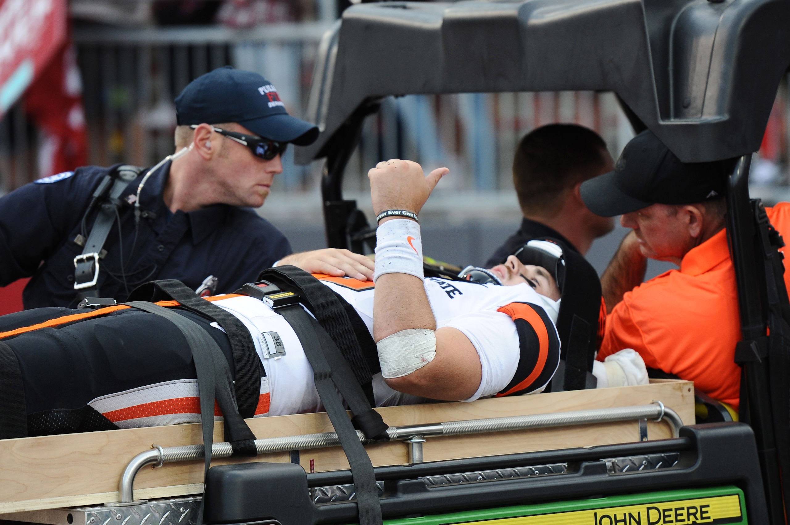 Sep 16, 2017; Pullman, WA, USA; Oregon State Beavers quarterback Jake Luton (6) gives a thumbs up after while being carted off the field after a play against the Washington State Cougars during the second half at Martin Stadium. The Cougars won 52-23. Mandatory Credit: James Snook-USA TODAY Sports