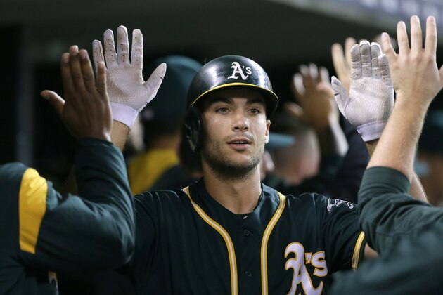 DETROIT, MI - SEPTEMBER 18:  Matt Olson #28 of the Oakland Athletics celebrates after hitting a two-run home run against the Detroit Tigers during the third inning at Comerica Park on September 18, 2017 in Detroit, Michigan. (Photo by Duane Burleson/Getty Images)