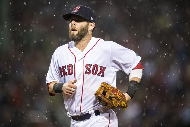 BOSTON, MA - SEPTEMBER 13: Dustin Pedroia #15 of the Boston Red Sox reacts as rain falls during the seventh inning of a game against the Oakland Athletics on September 13, 2017 at Fenway Park in Boston, Massachusetts. (Photo by Billie Weiss/Boston Red Sox/Getty Images)
