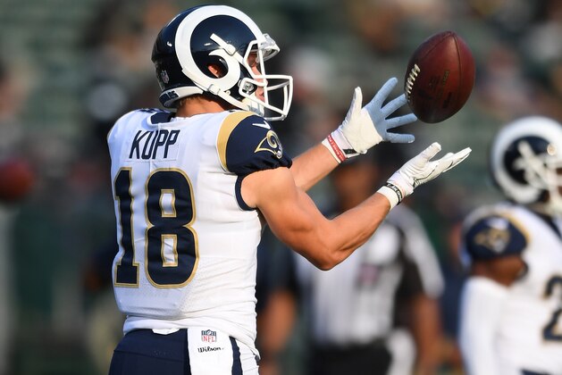 OAKLAND, CA - AUGUST 19:  Cooper Kupp #18 of the Los Angeles Rams warms up during pregame warm ups prior to playing the Oakland Raiders in an NFL preseason football game at Oakland-Alameda County Coliseum on August 19, 2017 in Oakland, California.  (Photo by Thearon W. Henderson/Getty Images)