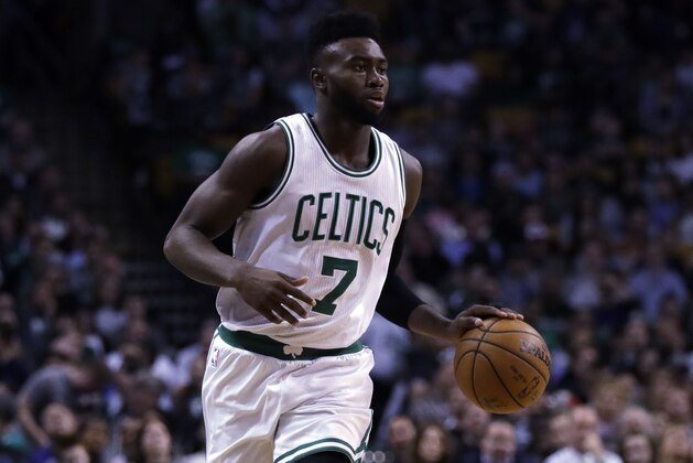 Boston Celtics forward Jaylen Brown (7) during the second half of an NBA basketball game in Boston, Monday, April 10, 2017. The Celtics defeated the Nets 114-105. (AP Photo/Charles Krupa)