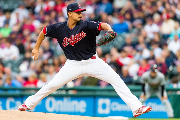 CLEVELAND, OH - SEPTEMBER 11: Starting pitcher Carlos Carrasco #59 of the Cleveland Indians pitches during the first inning against the Detroit Tigers at Progressive Field on September 11, 2017 in Cleveland, Ohio. (Photo by Jason Miller/Getty Images)