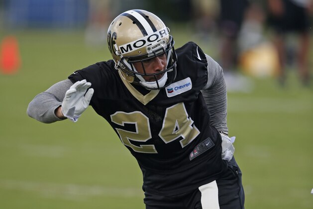 New Orleans Saints cornerback Sterling Moore (24) during NFL football practice in Metairie, La., Thursday, June 15, 2017. (AP Photo/Gerald Herbert)