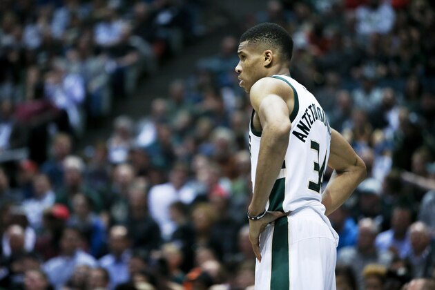MILWAUKEE, WI - APRIL 27:  Giannis Antetokounmpo #34 of the Milwaukee Bucks stands on the court in the third quarter in Game Six of the Eastern Conference Quarterfinals against the Toronto Raptors during the 2017 NBA Playoffs at BMO Harris Bradley Center on April 27, 2017 in Milwaukee, Wisconsin. NOTE TO USER: User expressly acknowledges and agrees that, by downloading and or using this photograph, User is consenting to the terms and conditions of the Getty Images License Agreement. (Photo by Dylan Buell/Getty Images))