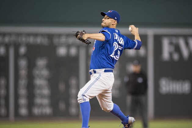 BOSTON, MA - SEPTEMBER 5: Marco Estrada #25 of the Toronto Blue Jays pithes against the Boston Red Sox in the first inning at Fenway Park  on September 5, 2017 in Boston, Massachusetts.  (Photo by Michael Ivins/Boston Red Sox/Getty Images)