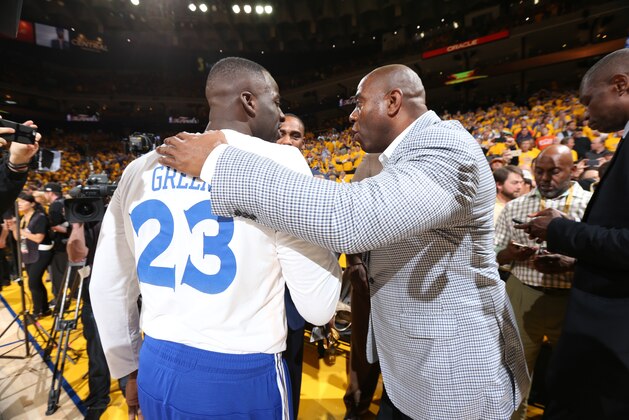 OAKLAND, CA - JUNE 4: Draymond Green #23 of the Golden State Warriors with NBA legend Earvin 'Magic' Johnson prior to Game One of the 2015 NBA Finals on June 4, 2015 at Oracle Arena in Oakland, California. NOTE TO USER: User expressly acknowledges and agrees that, by downloading and or using this photograph, user is consenting to the terms and conditions of Getty Images License Agreement. Mandatory Copyright Notice: Copyright 2015 NBAE (Photo by Nathaniel S. Butler/NBAE via Getty Images)