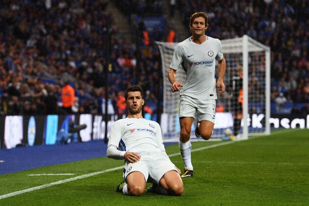 LEICESTER, ENGLAND - SEPTEMBER 09: Alvaro Morata of Chelsea celebrates scoring his sides first goal during the Premier League match between Leicester City and Chelsea at The King Power Stadium on September 9, 2017 in Leicester, England.  (Photo by Michael Regan/Getty Images)