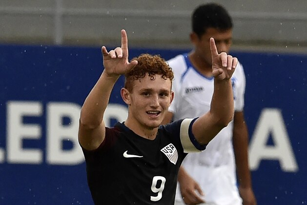 USA footballer Josh Sargent celebrates after scoring against Honduras during their Under-17 Concacaf qualifying football match at the Maracana stadium on May 3, 2017 in Panama City. / AFP PHOTO / RODRIGO ARANGUA        (Photo credit should read RODRIGO ARANGUA/AFP/Getty Images)